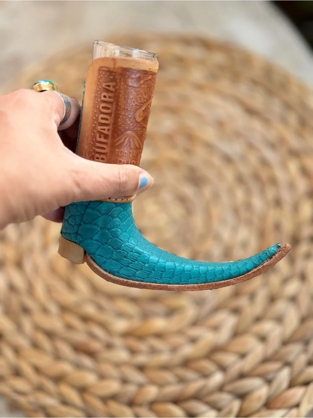 Blue Leather Boot shot glass, handmade.